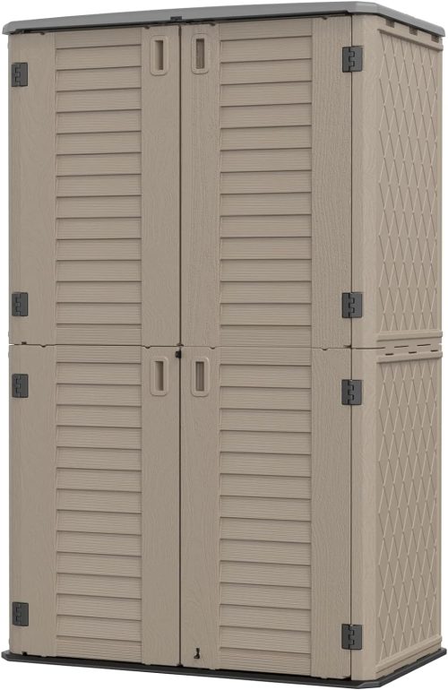 ZIZE Bikes - HOMSPARK Outdoor Storage Shed Weather Resistance, Multi-Purpose Storage Sheds for Backyards and Patios, 48 Cu.ft Horizontal Storage Shed for Bike, Lawnmower, Trash Cans, Patio Accessories(Brown)