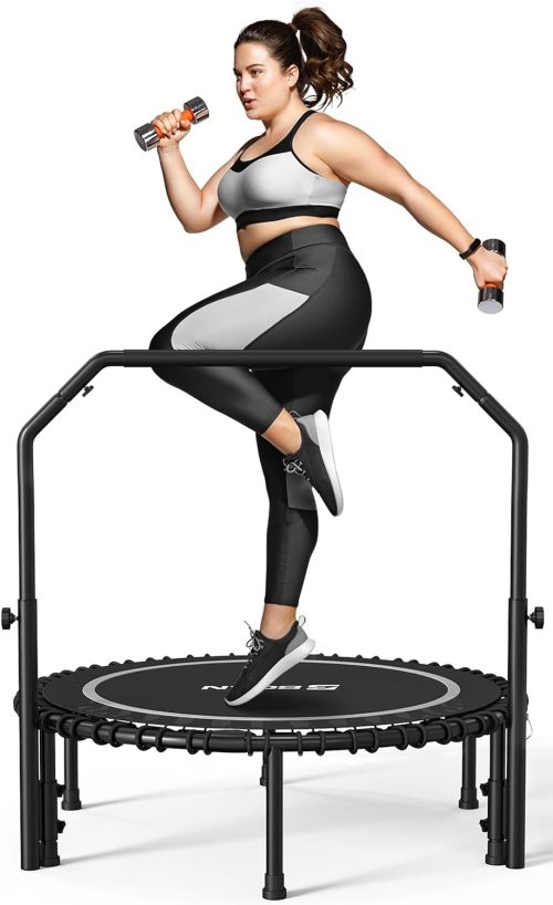 ZIZE Bikes - BCAN 450/550 LBS Foldable Mini Trampoline, 40"/48"/50" Fitness Trampoline with Bungees, U/T Shape Adjustable Foam Handle, Stable & Quiet Exercise Rebounder for Kids Adults Indoor/Garden Workout