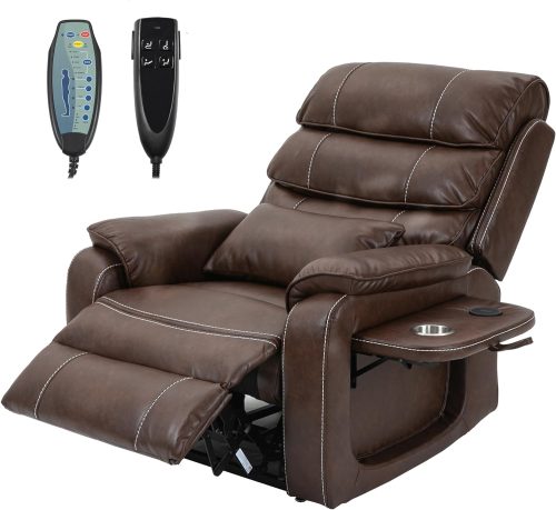 ZIZE Bikes - JIKFRIMA Power Lift Recliner Chair for Adults Elderly Lay Flat Brown Leather Recliners with Massage Heat, Extended Footrest, Cup Holder, Lumbar Pillow, Wireless Charging Device, Up to 400LBS