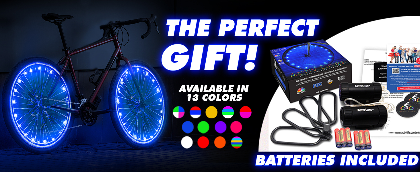 Bicycle with Wheel Lights. Text reads: The Perfect Gift, Available in 13 Colors, Batteries Included