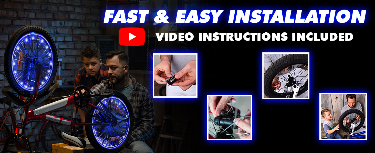 A man and a child installing the lights. Text Reads: Fast and Easy Installation