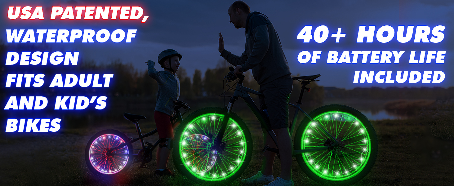 Text reads: USA Patented, Waterproof Design Fits Adult and Kid's Bikes, 40+ Hours of Battery Life