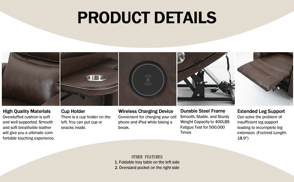 power lift recliner chair with cup holder, wireless charging device